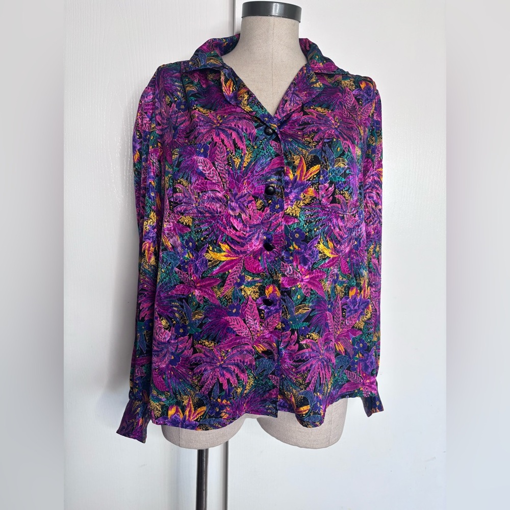 VTG California Dynasty Silk-Feel Floral Blouse - 90s Romantic L